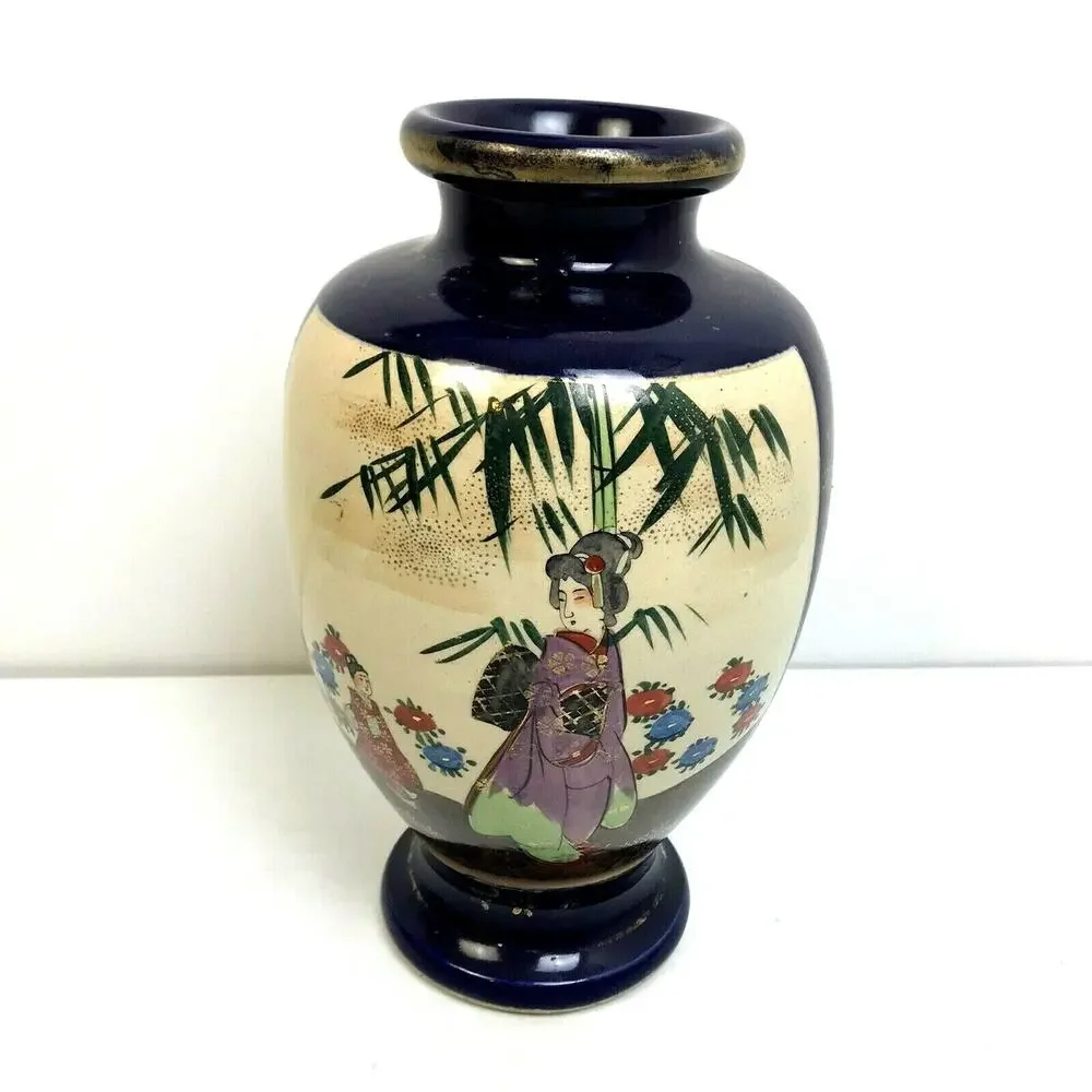 Japanese Vase 12' Geisha Girls Blue Gold Ancient Scene Asian Art Ceramic